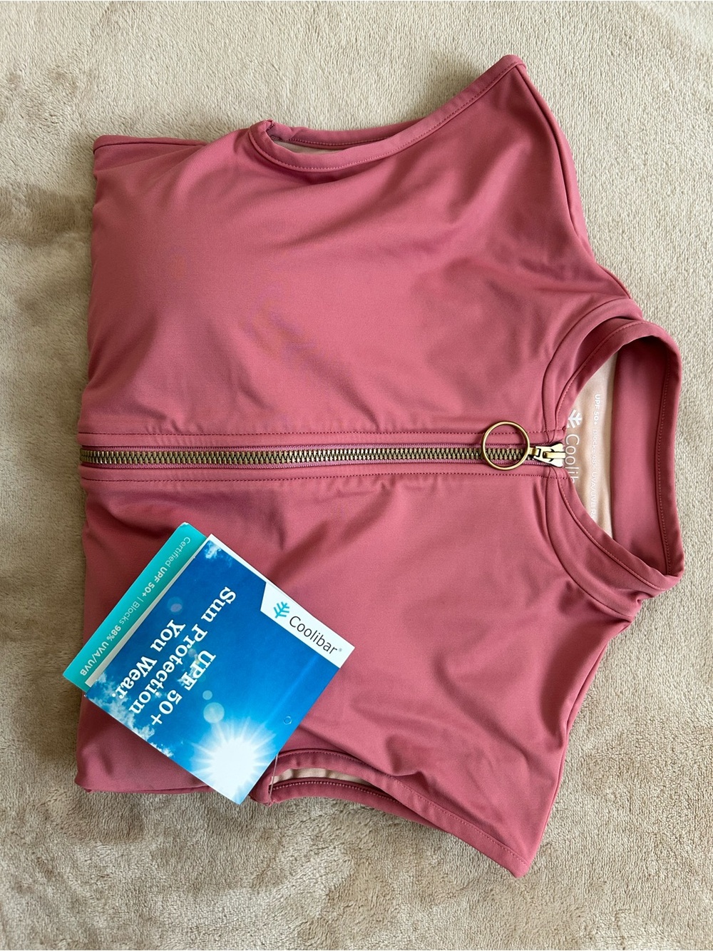 NWT Coolibar Rose-Pink Zip Front One Piece Swimsuit Cap Sleeve
